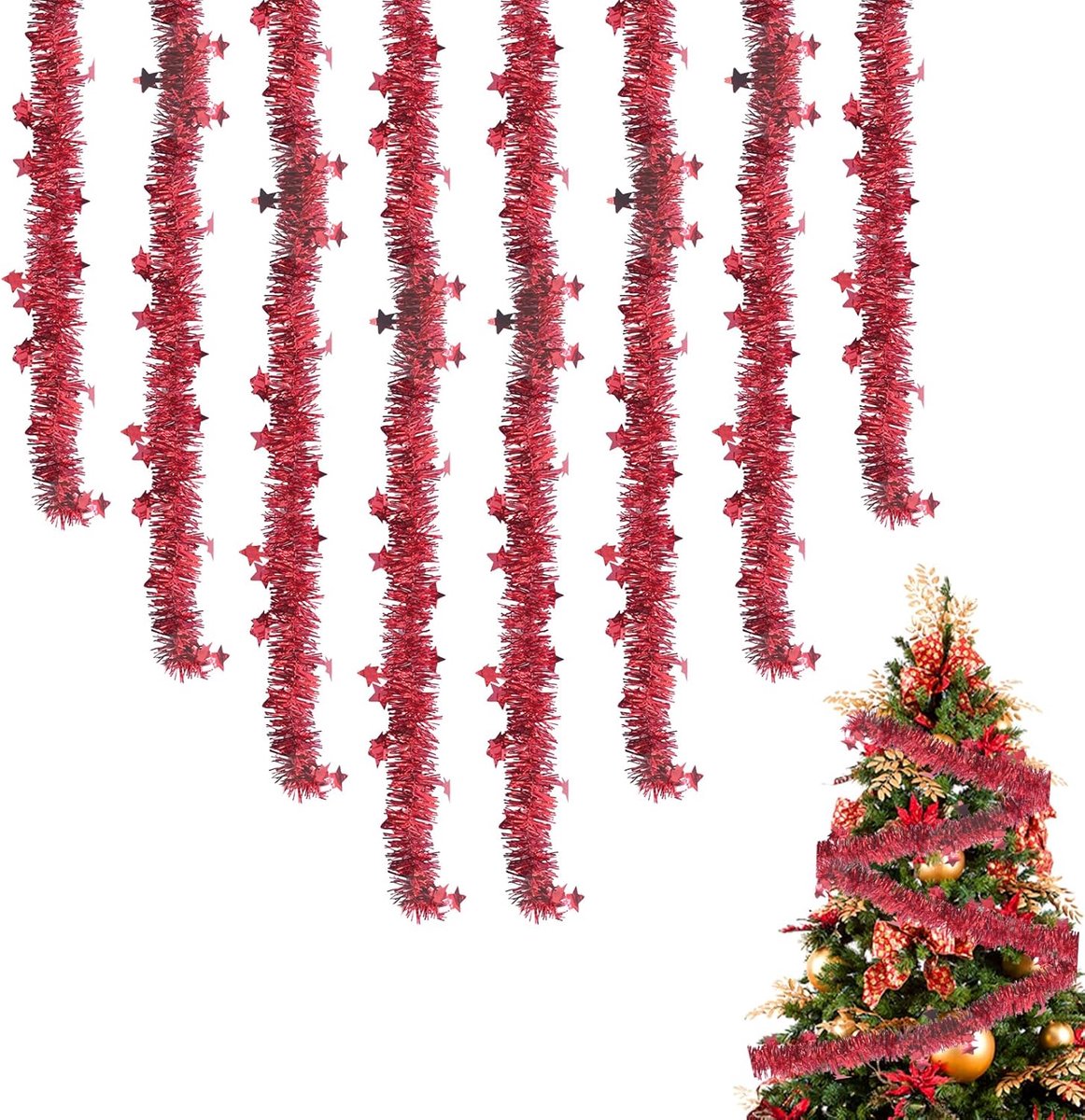 Pack of 8 Lametta Garland - Kerstmis Garland - 2 Metres - Kerstdecoratie Garland met Sparkling Star Sequins - Buiten Kerst Garland - Kerstboomdecoratie voor Feestdagen - Party (Rood)