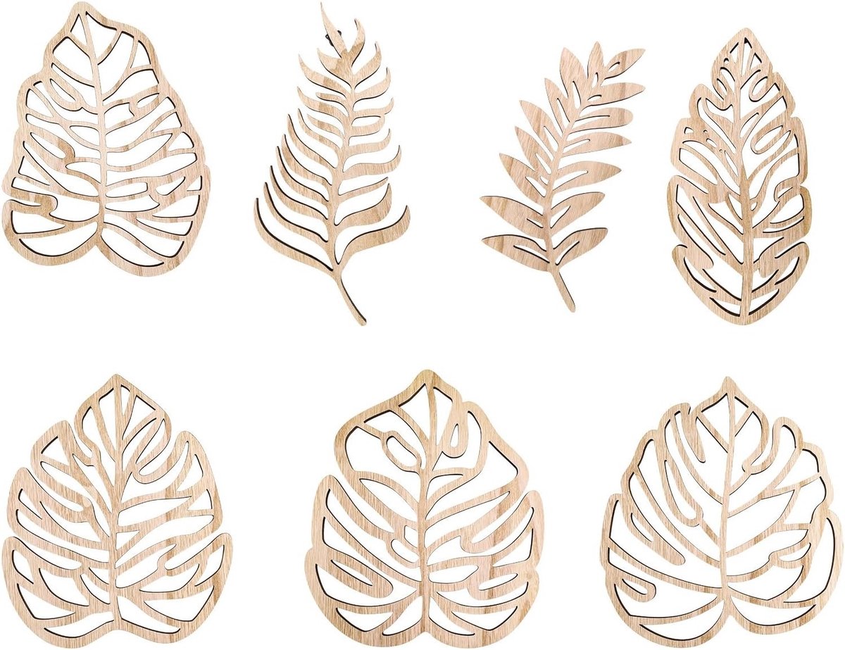 7-delige Houten Palmblad Wanddecoratie met Metalen Haak, Tropische Boho Interieurdecoratie voor Thuis, Kantoor en Cafés, Jungle Stijl Decoratie