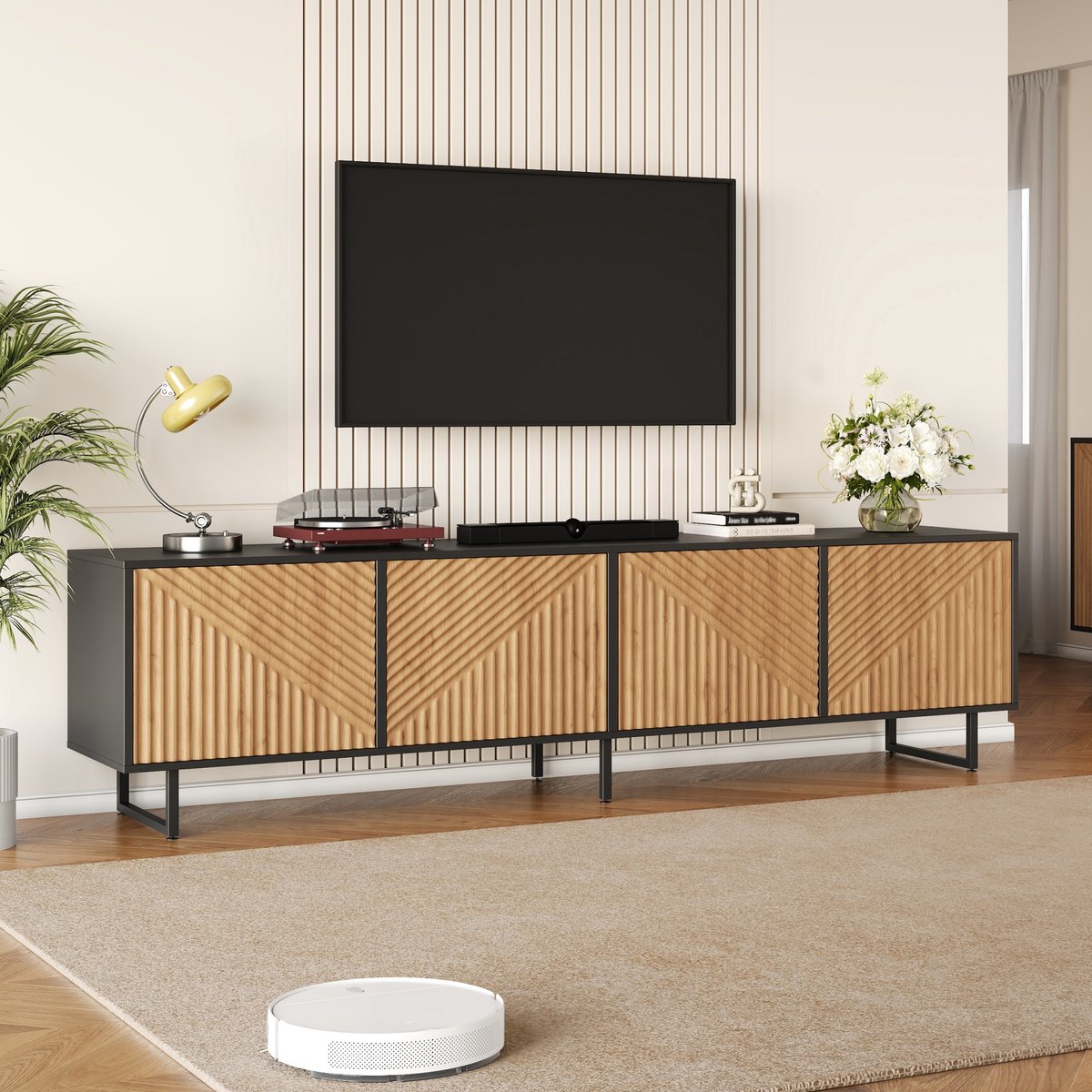 MIVRAY Tv-Meubel - 4 Deuren En Ruime Opbergruimte - Voor Woonkamer En Televisies Tot 80 Inch - Hout Metaal - 180x40x50 Cm Natuurlijk