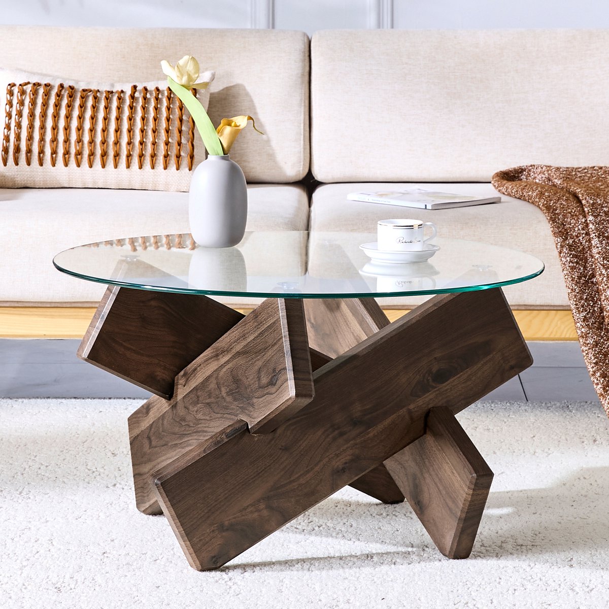 Welltin Ronde salontafel-Glas - MDF onderstel-Donker walnootkleurig-Woonkamer Tafel - Decoratie Tafel - moderne glazen salontafel voor woonkamer-79 cm