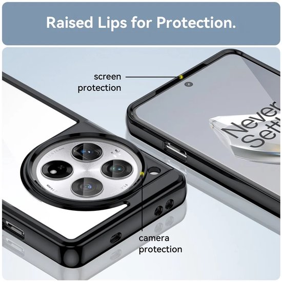 Coque de téléphone noire avec bords surélevés pour protéger l'écran et la caméra.