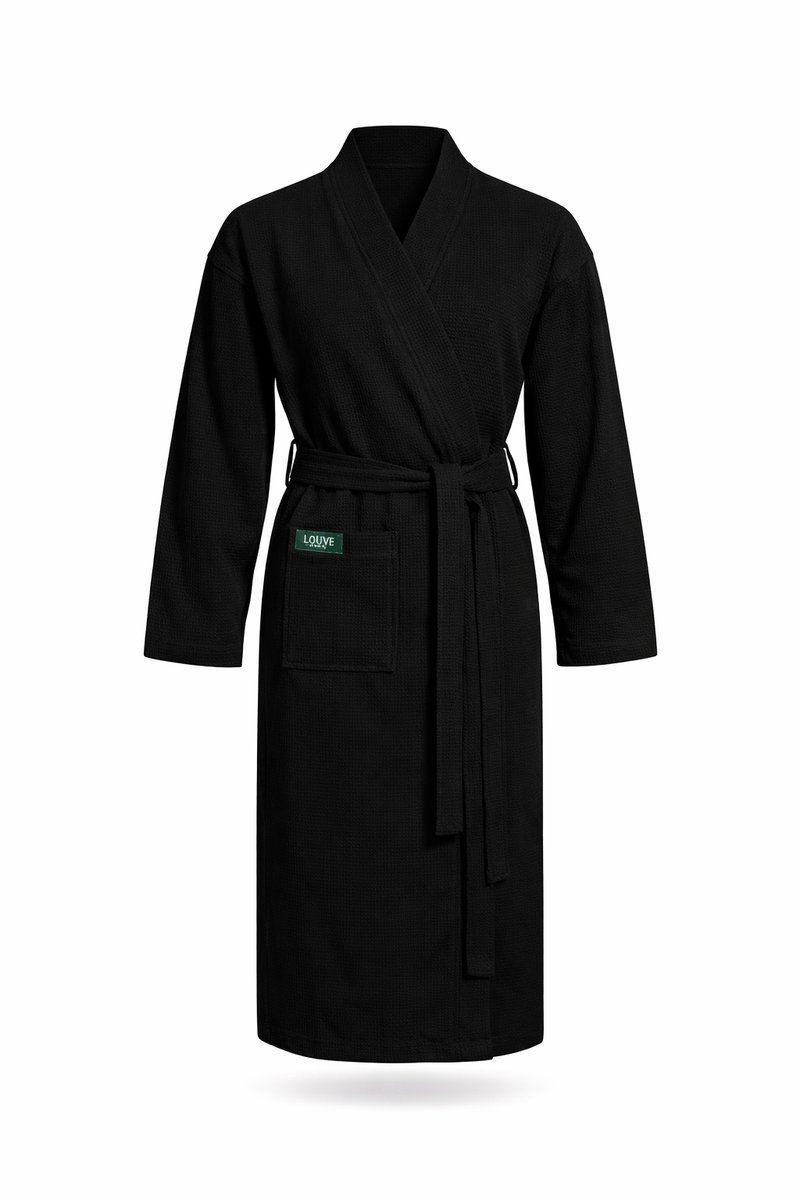 Sauna badjas wafel - LOUVE PARIS - unisex kimono badjas wafelstructuur - 100% Biologisch katoen - Hammam - SPA - kimono - wafel badjas dames - wafel badjas heren - Black - Maat L