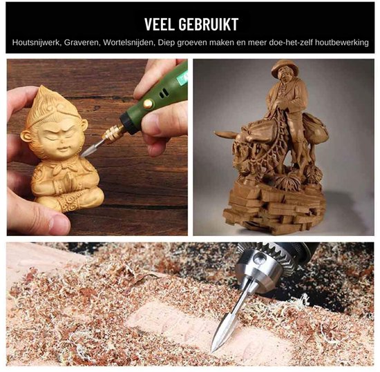 Een kleine houten aap en een gedetailleerd houtsnijwerk van een man, bewerkt met graveergereedschap. "VEEL GEBRUIKT"