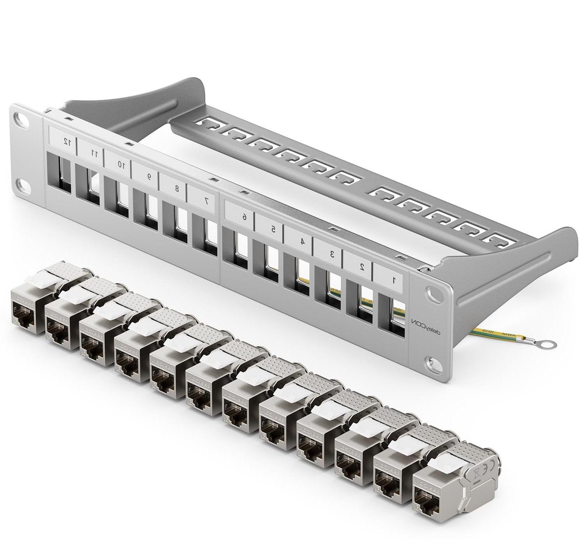 deleyCON 12-Poorts Patchpaneel Set Modulair 1 U 10" Inch Rekinstallatie + 12x RJ45 Keystone-Modules CAT6a Compatibel met CAT5 CAT6 CAT7 LAN Netwerk Kabel Installatie Kabel Grijs
