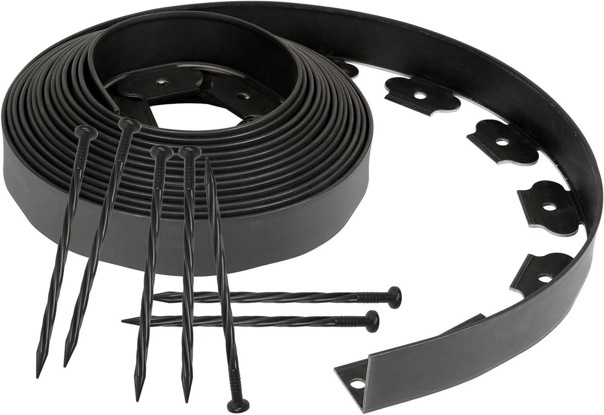 Flexibele gazonrand kunststof met 30 grondankers voor verankering, flexibele bloembedomranding, wortelblokkering, rond, bloembedomranding, lengte 10 m, hoogte 5 cm, zwart