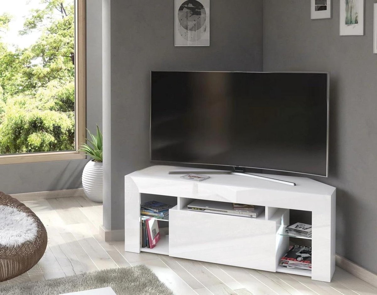 TV Meubel Hoek - Mediabox Kast - Woonkamer Inrichting - Geïntegreerde LED Verlichting - 125x50x40 cm - Wit Hoogglans