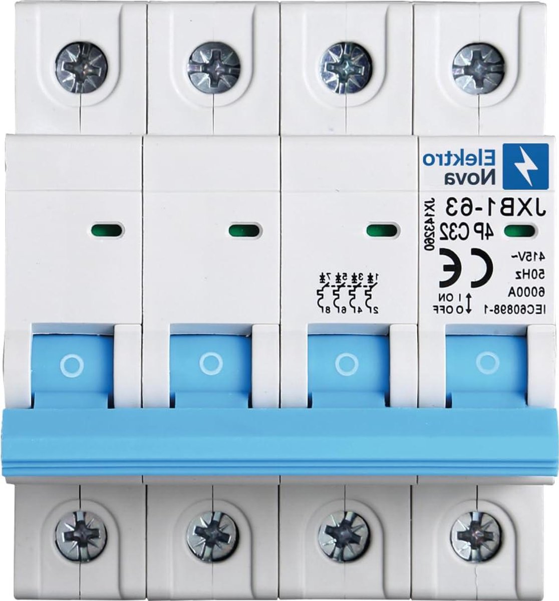 ELEKTRONOVA Stroomonderbreker 3 fasen 4P 32A C32 6kA - 4 modules DIN - 380V