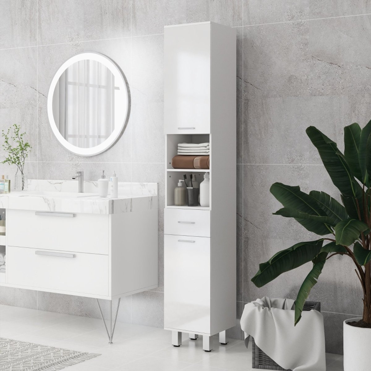 Wishdor - Hoge Badkamerkast - Met Lade, Open Vakken En Kasten Met Deuren - Verstelbare Planken - Slank Ontwerp Voor Badkamer Of Hal - Spaanplaat Met Hoogglans Fronten - Wit - 30 X 30 X 180 Cm