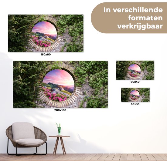 Affiche de jardin - Vue - Montagnes - Pierres - Coucher de soleil - Fleurs - 60x30 cm - Décoration de clôture - Peinture de jardin - Toile de jardin