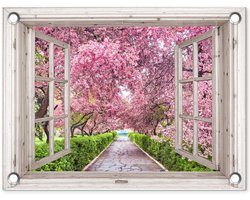 Tuinposter doorkijk sakura - Wit raam - Tuindecoratie roze bloemen - 40x30 cm - Tuinschilderij voor buiten - Tuindoek bloesemboom - Wanddecoratie tuin - Schuttingdoek - Balkon decoratie - Tuinversiering buitenposter - Muurdecoratie