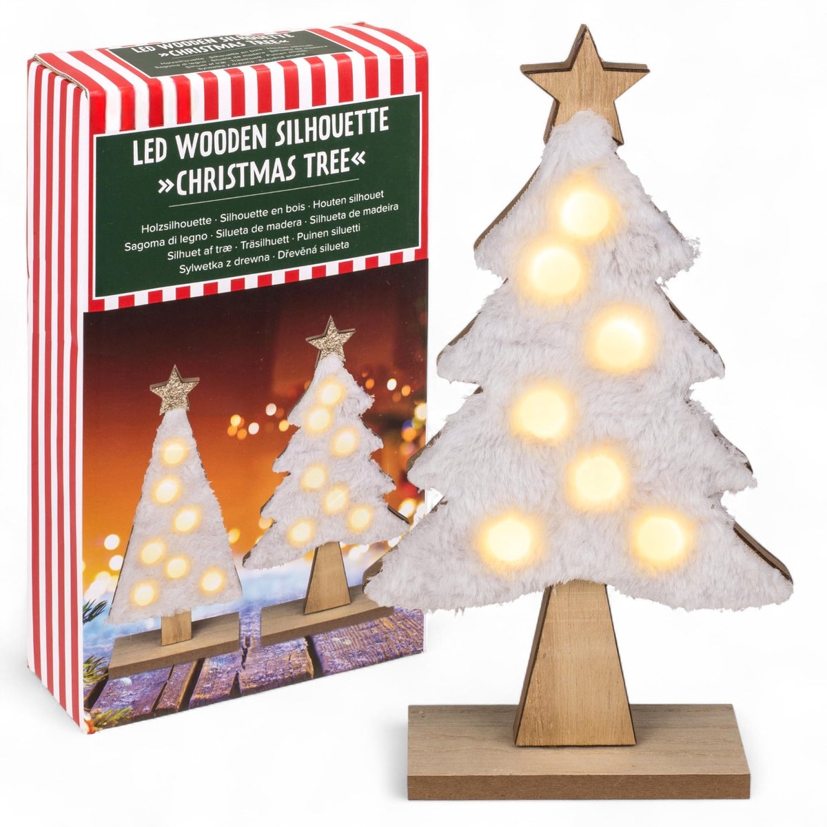 MIJOMA LED Kerstboom van Hout - 2 Ontwerpen: Slim & Classic - met Witte Neppels en Warme Witte Lichten - 10 x 25 cm