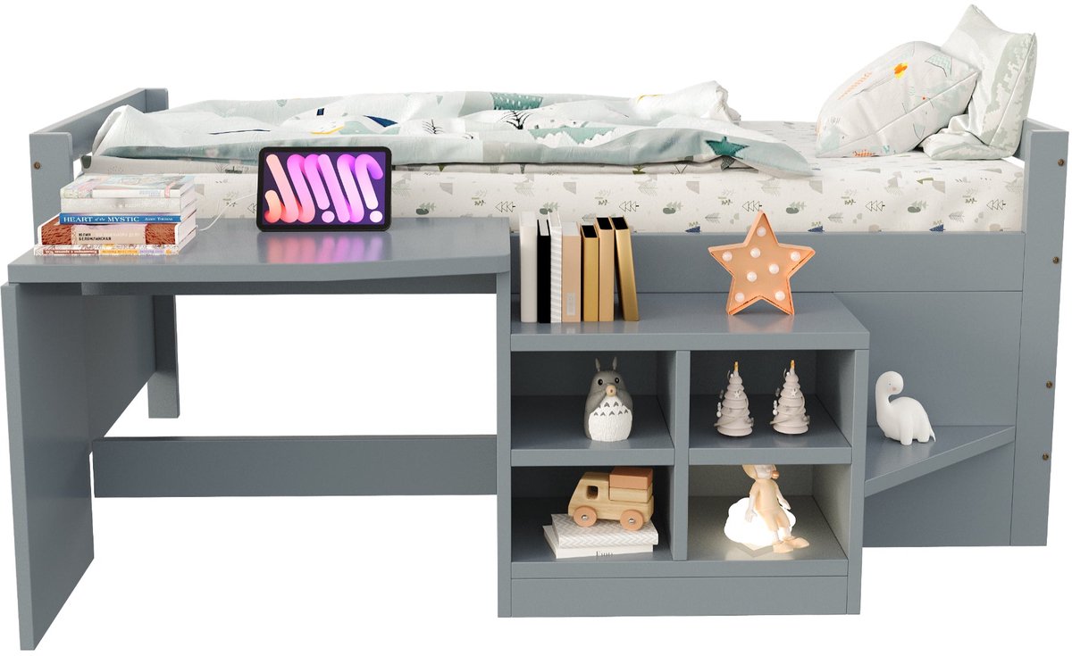 Merax Kinderbed 90x200 - Bed met Opbergruimte - Bureau met Stopcontact en USB - Houten Lattenbodem - Grijs