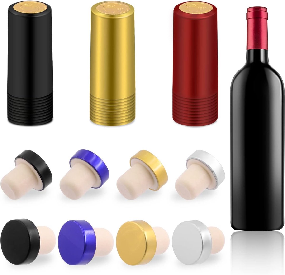 T-Shaped Natuurlijke Houten Kurken en PVC Krimp Capsules Kit voor Wijnflessen, Bierflessen en Decoratie, 4 Kleuren en 3 Kleuren Seals