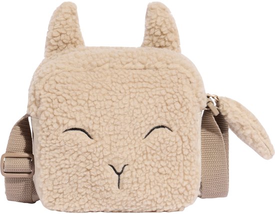 Beige teddy tasje in de vorm van een schaapje, de voorkant is zichtbaar.
