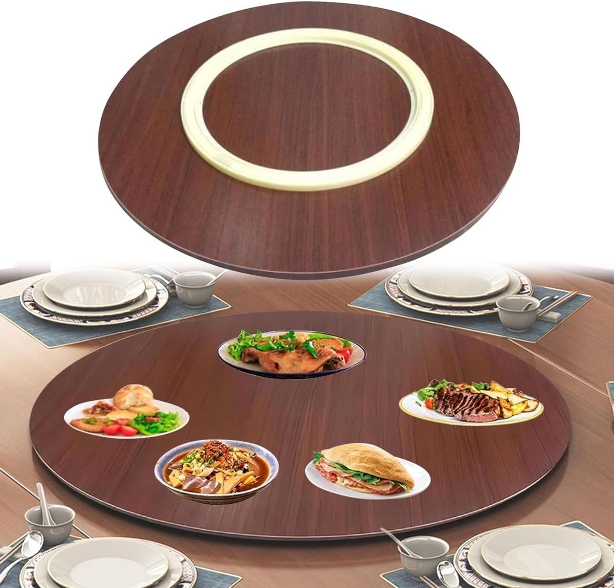 Houten Draaiplateau - Draaibare Tafel Serveerplateau - Gerechten Delen - Stille ABS Lager - Ø80cm - Roodbruin