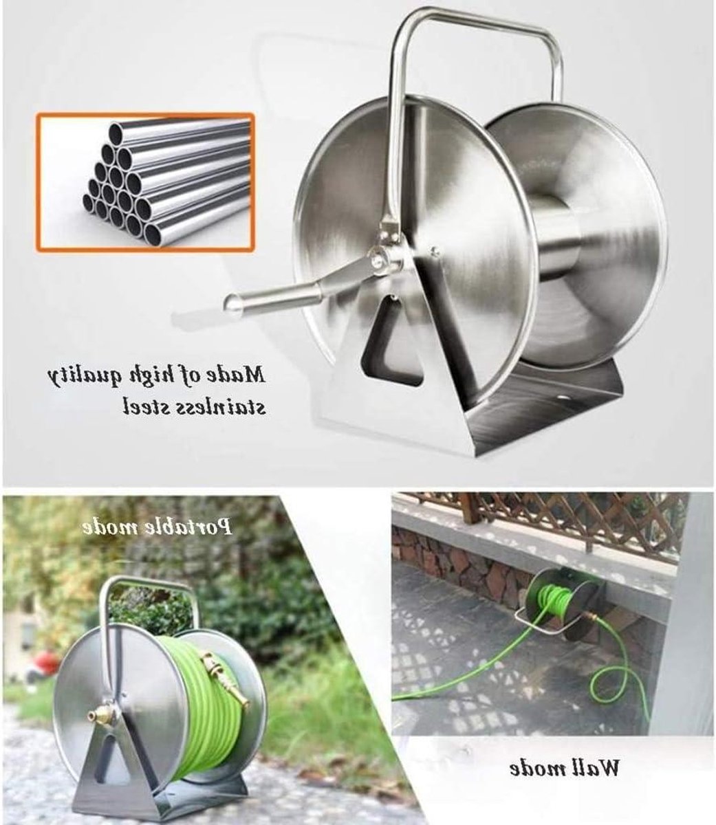 Slanghaspel Metaal - Slangenhouder Tuin - Slang Opbergen - Wand- of Vloermontage - 30x37x31 cm - Zilverkleurig