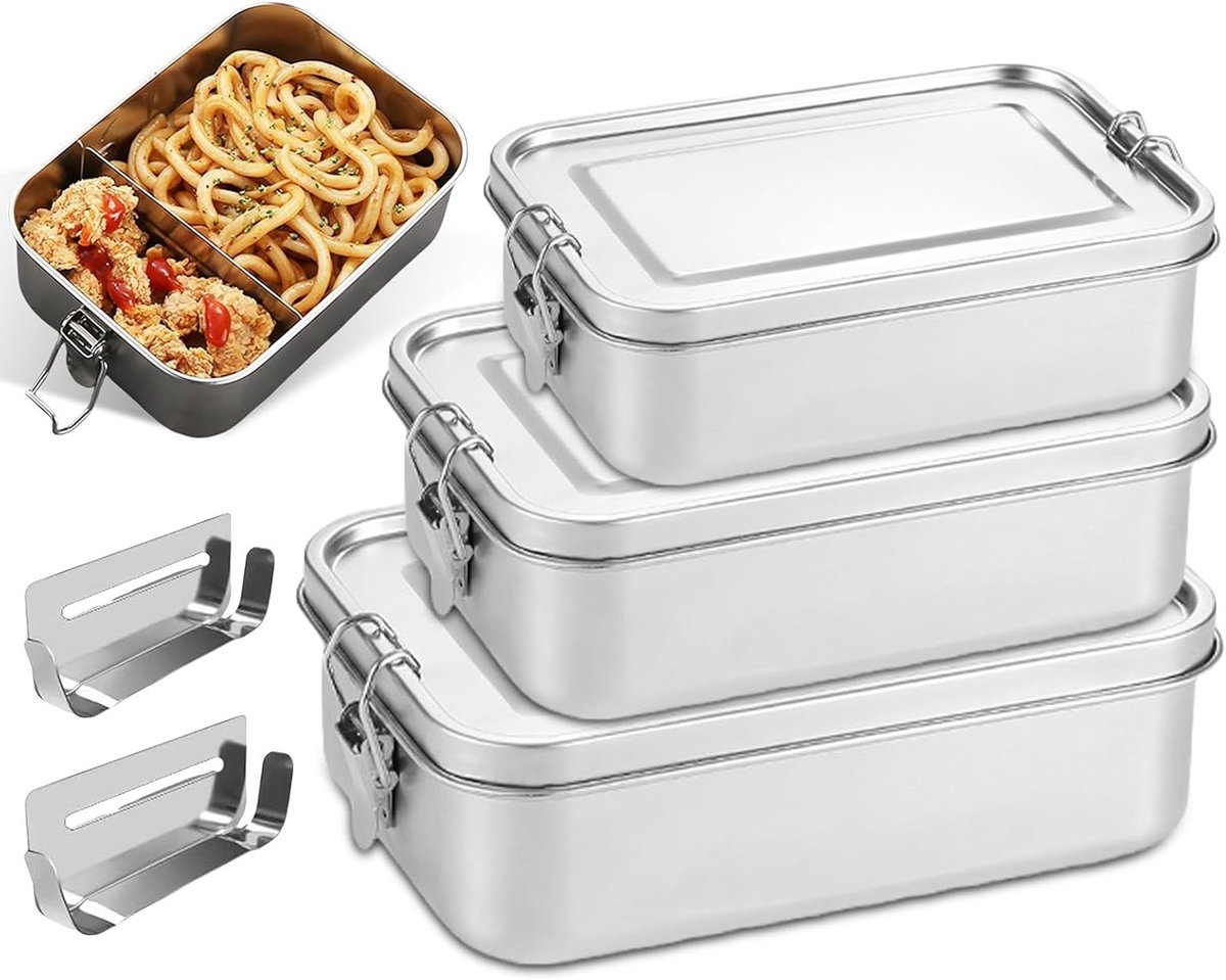 Set van 3 roestvrijstalen lunchboxen met scheidingsvak, lekvrij en vaatwasmachinebestendig, ideaal voor werk en outdoor gebruik