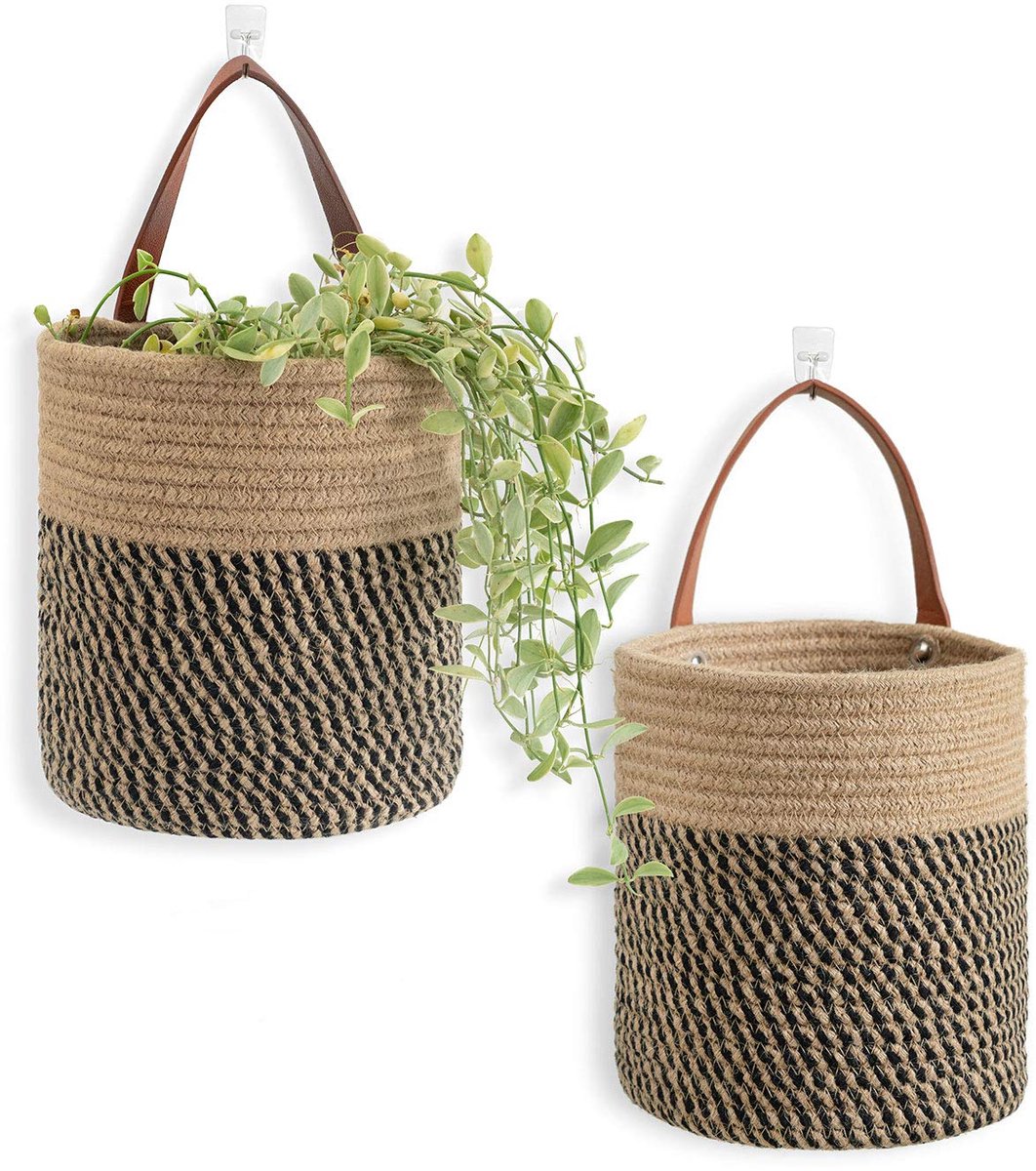 carmdering - Opbergmand - Hangende Mand - Wandmand - Zwartbruin, set van 2, jute, leren handvat - 20×17,8 cm - Voor keuken, badkamer, woonkamer - Voor speelgoed, cosmetica, paraplu's, sleutels - Wand- of deurmontage
