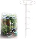 Witte plantensteun met een open structuur van ringen en staanders, met een brede, ronde bovenkant.