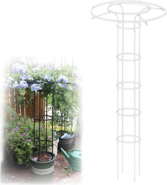 Witte plantensteun met een open structuur van ringen en staanders, met een brede, ronde bovenkant.