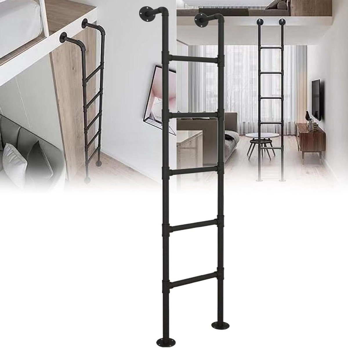 Kelderraamput Vluchtladder Zwarte stapelbedladder, Aan de muur gemonteerde metalen ladder voor zolder, Industriële ijzeren pijpstapelbedladder, Binnen- en buitenklimladders voor sl