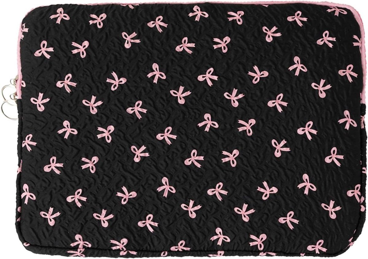 Laptoptas met strik - Tablethoes Sleeve - Veilig Vervoer - Hoogwaardig Polyester - 13 inch - Zwart-roze