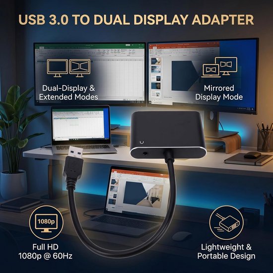 USB naar VGA Adapter - Video Uitbreider - Scherm Vergroten - Dubbel Scherm Ondersteuning - Full HD 1080p - Zwart — afbeelding 2