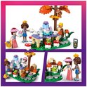 Drie scènes van LEGO Friends bosfeest: speelset met tafel, figuren, eekhoorn en accessoires.