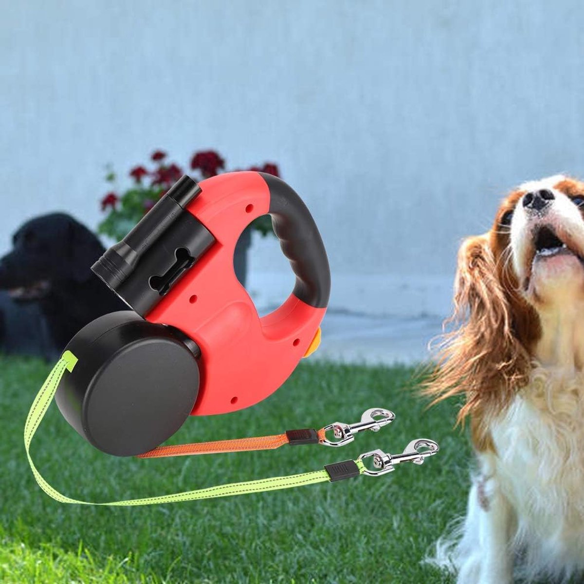 Dubbele oprolbare hondenriem, dubbele riem voor 2 honden, uitschuifbare hondenriem met licht (rood)