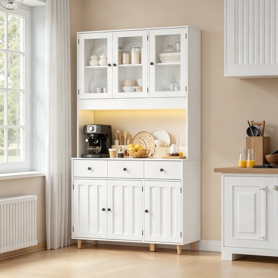 Bealife AP05 Keukenkast Opslagkast - Vrijstaande Keukenkast - LED Decoratief Licht, 2 USB-poorten, 2 Stopcontacten, 3 Lades en 6 Deuren - 100 x 38 x 180 cm - Wit