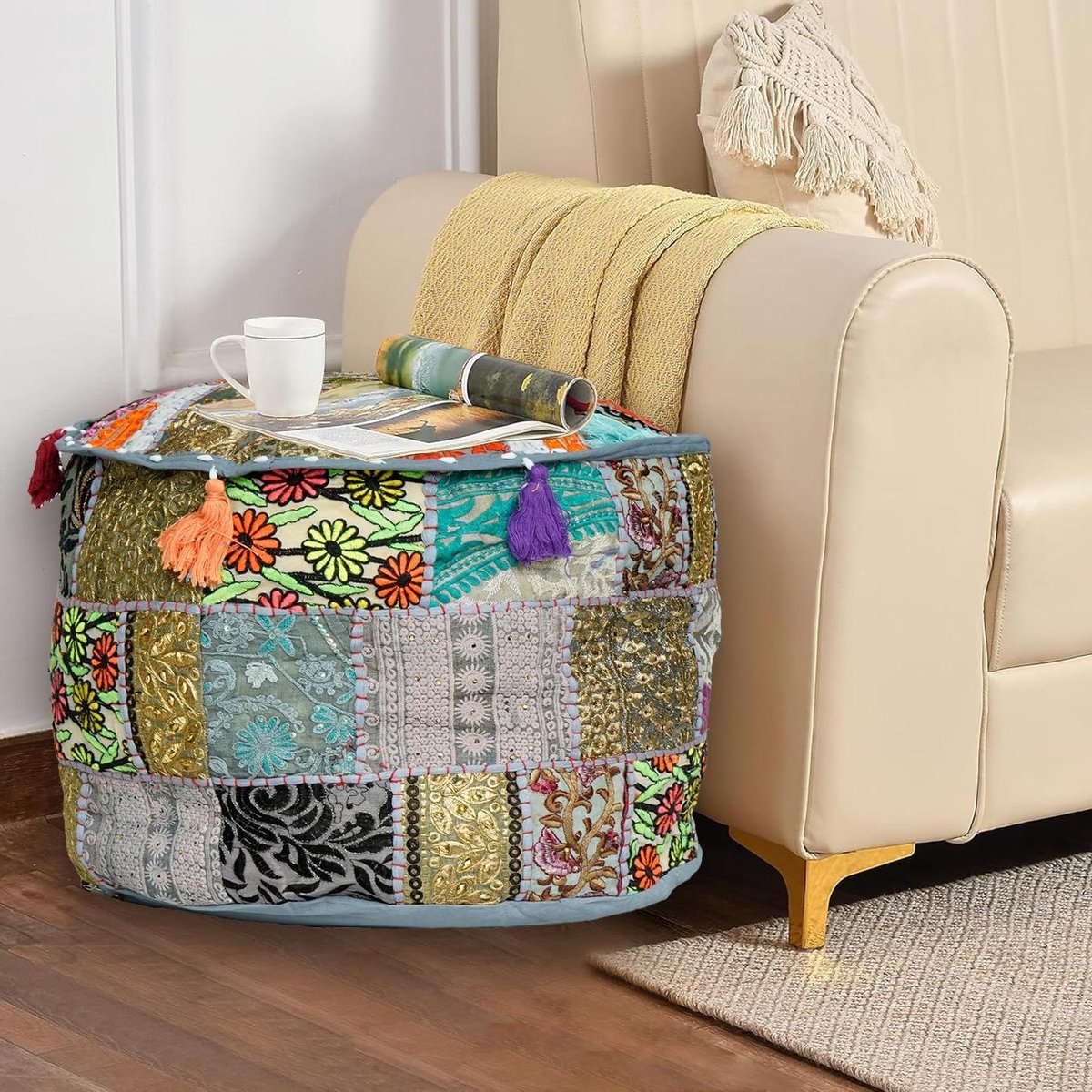 Zitzak Poef - Voetenbank Kruk - Woondecoratie - Handgemaakt Patchwork - 30x30x30 cm - Grijs