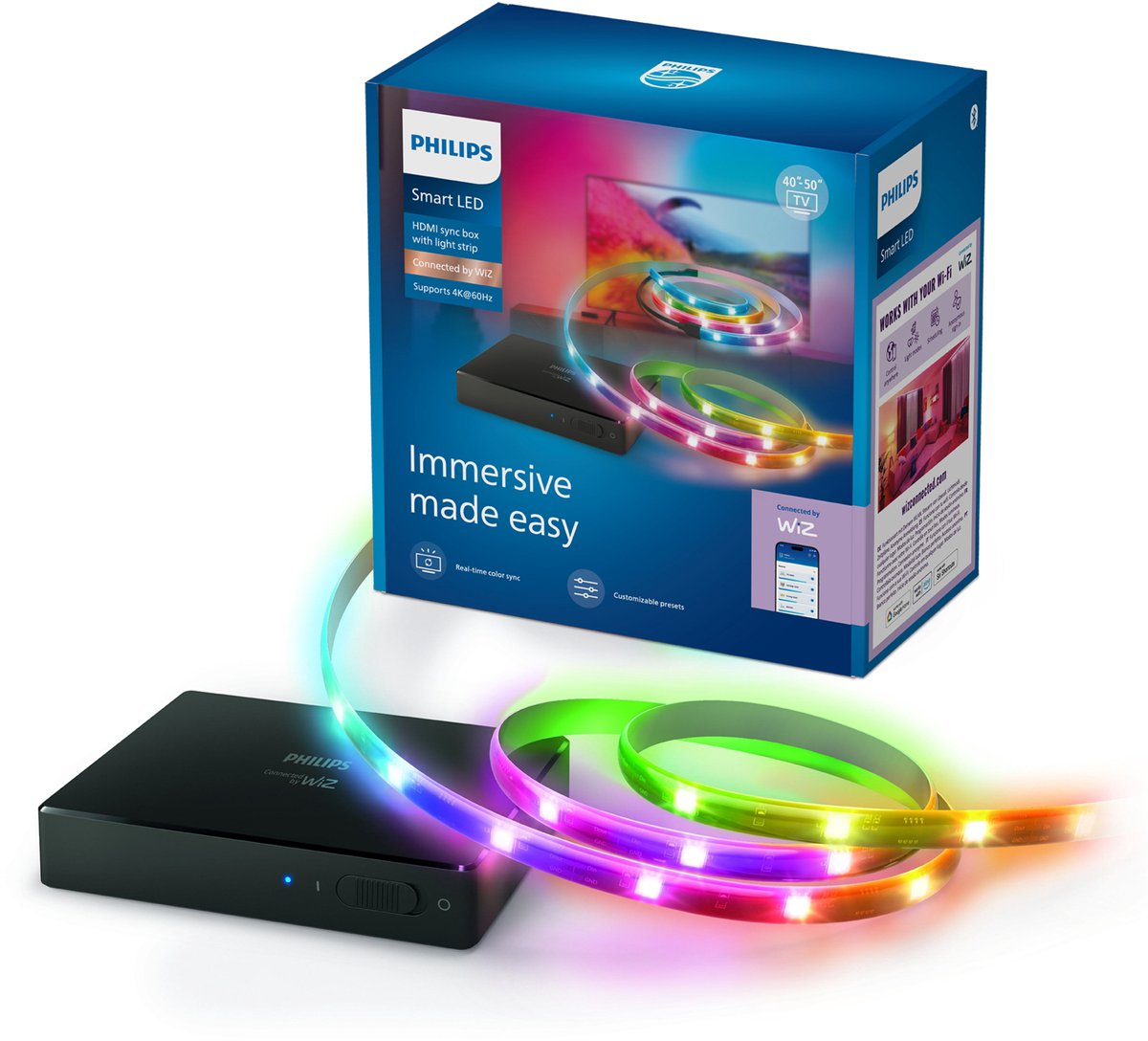 Philips Smart Lighting - hdmi 2.0 sync box - met rgbic led strip voor 40" tot 50" tv's - synchroniseer je verlichting met je beeldscherm - 4k bij 60hz - werkt met de wiz app - wifi - entertainment starterkit