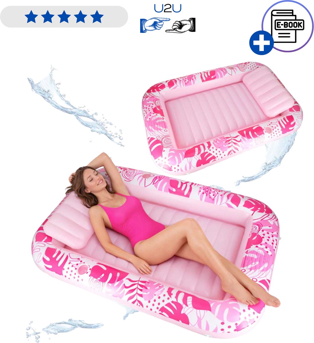 Opblaasbaar luchtbed roze wit 175x115 cm - XL zwemluchtbed lounge matras met kussen, bekerhouders en trekkoord - comfortabele waterhangmat, pool lounger, strandbed voor zee, meer en tuin - PVC 0,25 mm, tot 100 kg draaggewicht Met Ebook