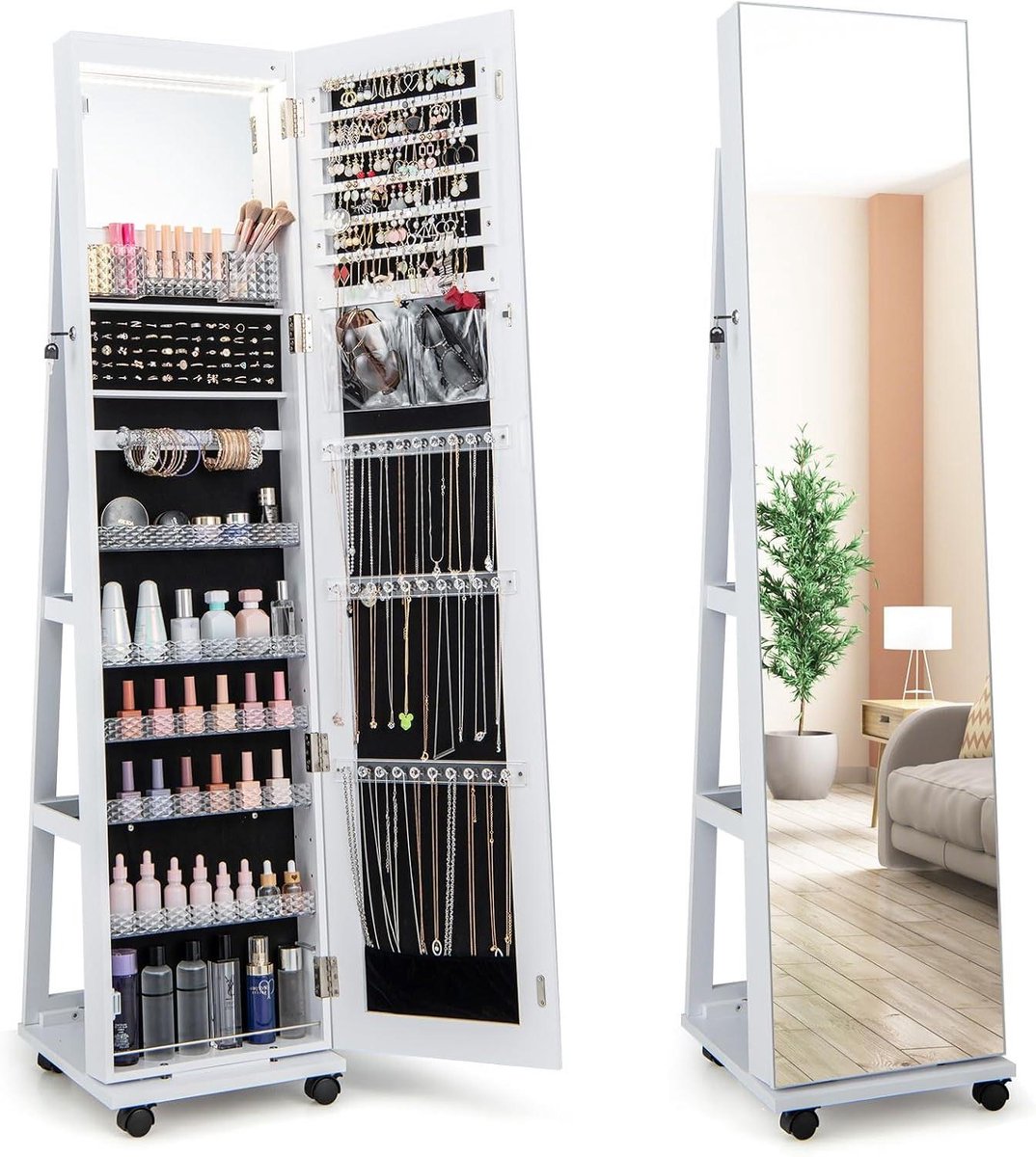 Sieradenkast met spiegel - Opbergkast organizer - Sieraden bewaren - Verrijdbaar met LED - 163 cm hoog - Wit