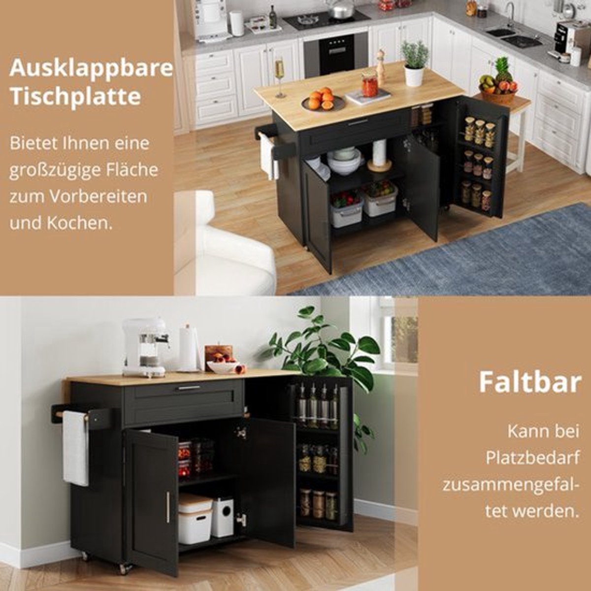 Keukentrolley – Keukenwagen – Serveerwagen – Keukenrek – Mobiele Keukentrolley – Uitschuifbaar Werkblad – 132,5x44-70x90 cm – Hout Met Eikenlook