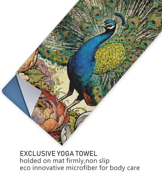 Yoga Handdoek - Mat Deken - Sporten en Fitness - Antislip Natuurrubber - 73 x 27 Inch - Kunst Bloemen Pauw — afbeelding 4