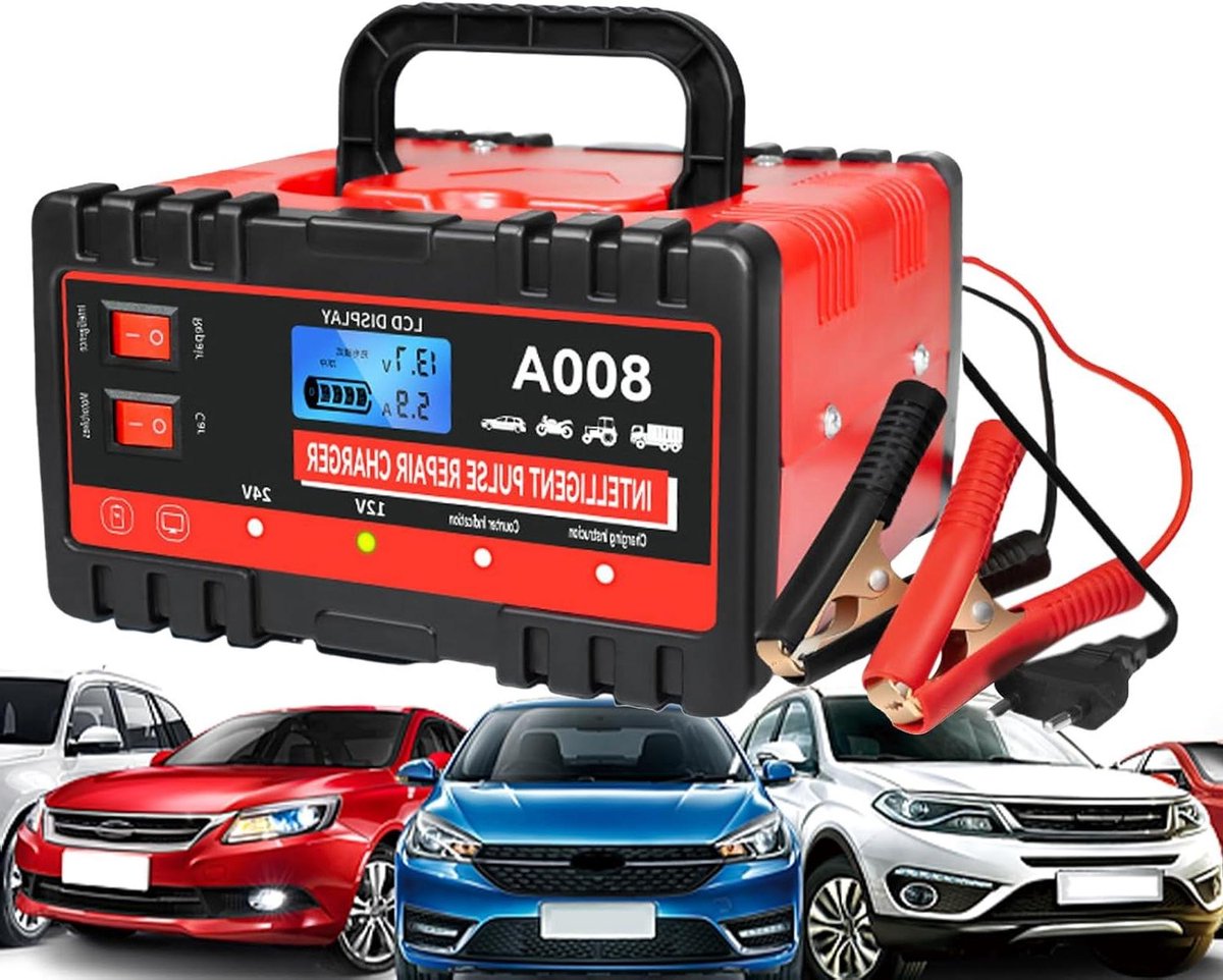 Autobatterijlader - Slimme Acculader - Voertuig Onderhoud - Dubbele Spanning - 11 x 19 x 11 cm - Rood