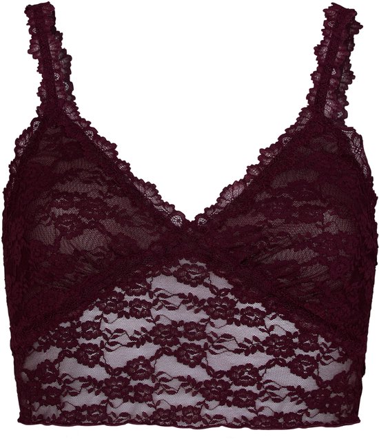 Donkerpaarse kanten bralette met kanten bandjes, een V-hals met kanten rand en een kanten rand aan de onderkant.
