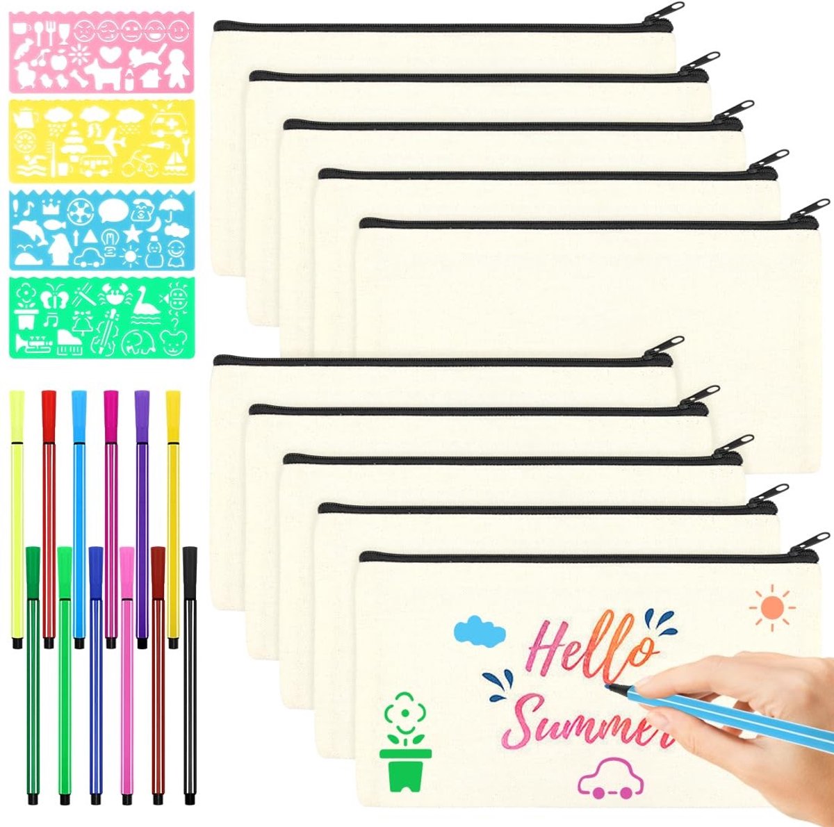 Jhubersproducts - Doe-het-zelf Blanco Stoffen Tas - Etui Om Te Beschilderen - Set Van 10 Stuks - Wit - Cosmeticatas - Voor Schrijfwaren En Reisartikel