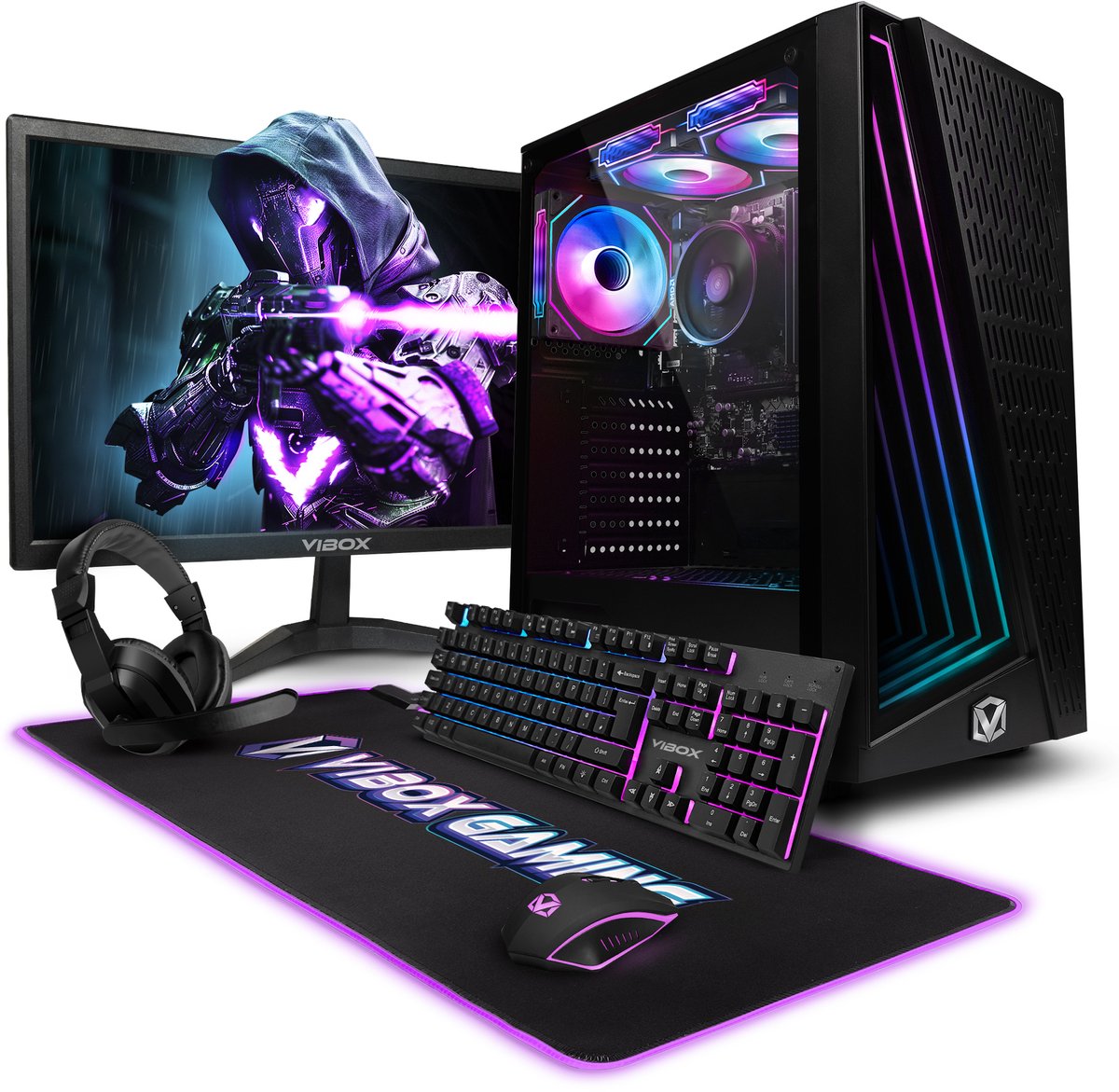 Vibox Gaming PC Set - Ryzen 3 3200G - Onboard Videokaart - 16GB RAM - 1TB SSD - Windows 11 - WiFi 6 + Bluetooth 5.4 - 22" Monitor + Accessoires