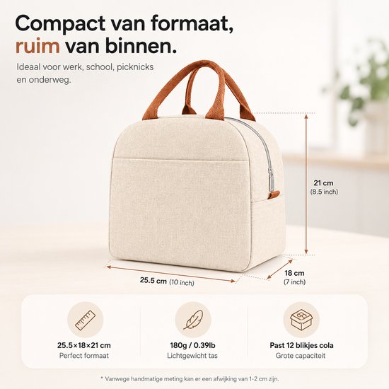 Beige koeltas van textiel met bruine handvatten. Afmetingen: 25,5x18x21 cm.