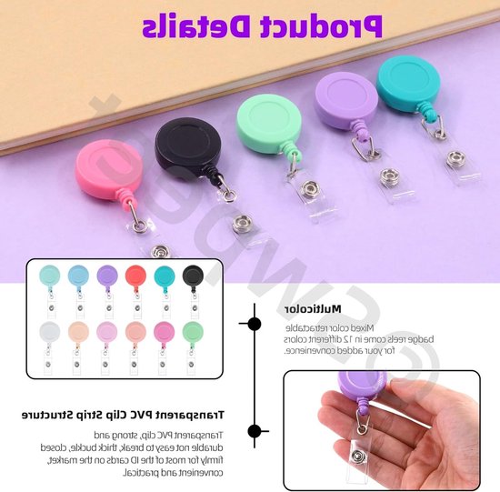 12 Stuks 12 Kleuren 24 Inch Uittrekbare Badge Reel met 360° Rotatable Alligator Clip - Assortiment voor Zorgprofessionals, Studenten en Docenten — afbeelding 2