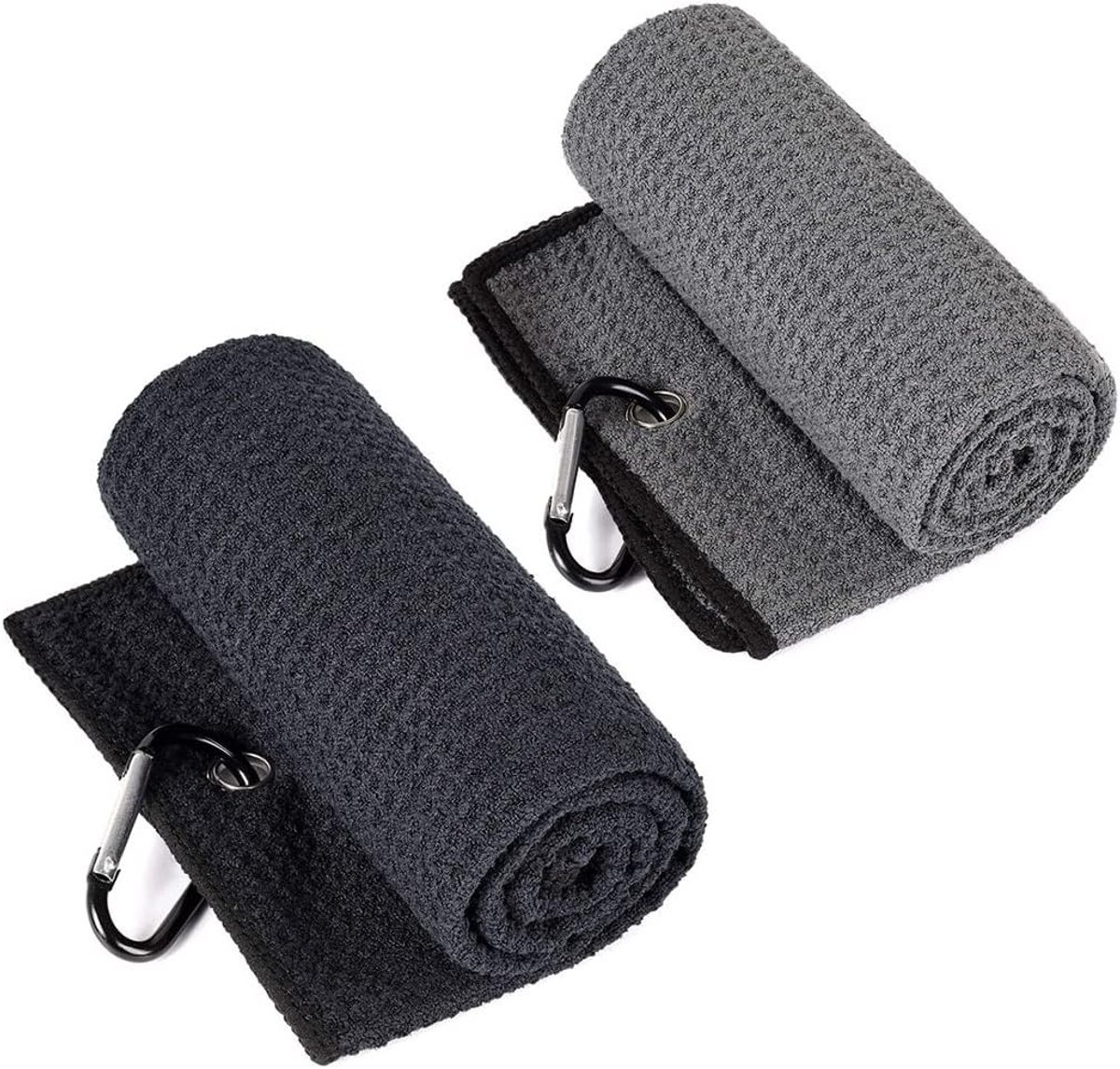 Set van 2 Microvezel Golfhanddoeken met Wafelpatroon en Zware Carabiner, Ideaal voor Golfbags en Sportactiviteiten (Zwart)