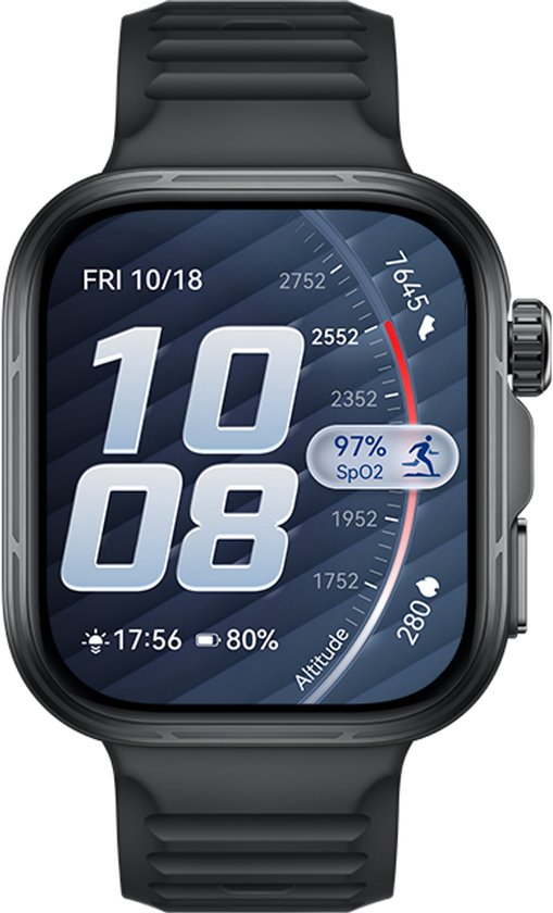 Zwarte smartwatch met groot digitaal display waarop de tijd '10 08', datum FRI 10/18 en 97% SpO2 worden weergegeven.