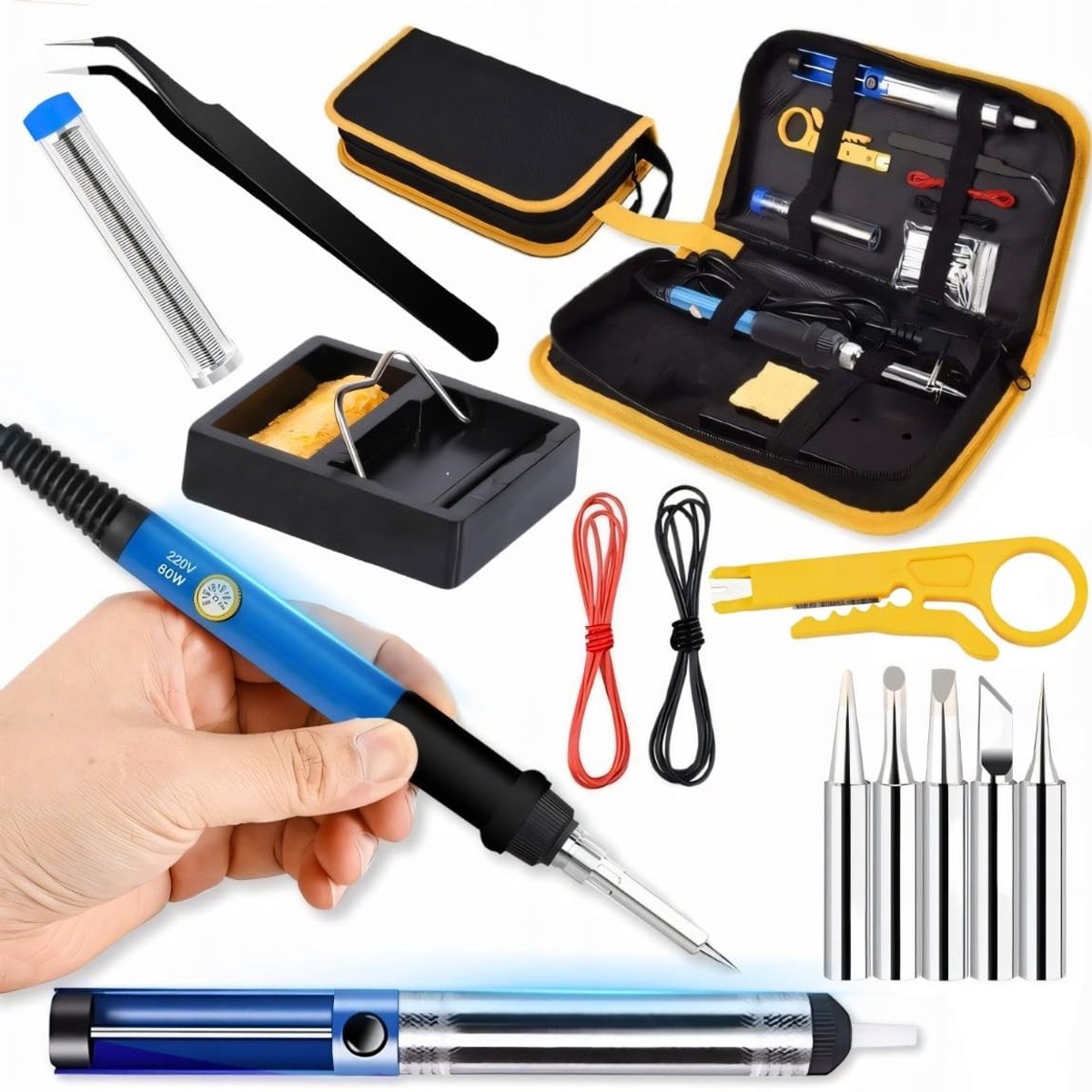 Soldering Iron Set 60W - Keramische Heater, Instelbare Temperatuur 200-450 °C, 5 Tips, Desoldering Pomp
