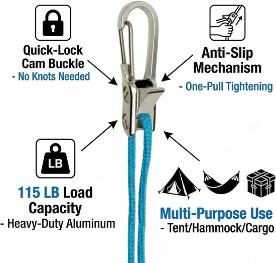 6-delige touwspanner met rollers - Robuuste paracord-spanner - Knooploos touwbevestigingsgereedschap - Met intrekbare gesp en accessoiretouw - Geschikt voor kamperen, klimrekken, varen en het vastmaken van outdoor-uitrusting van Merkloos — afbeelding 4