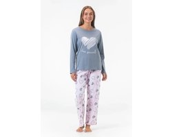 Gaubert Essential Dames Pyjama Lange Mouw - Broek met Zakken - Premium Gekamd Katoen - Love Yourself - Grijs - Maat XXL - GB-2801