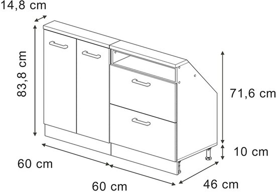 Schematische tekening van witte kast met afmetingen: 60 cm + 60 cm breed, 83,8 cm hoog, 46 cm diep.