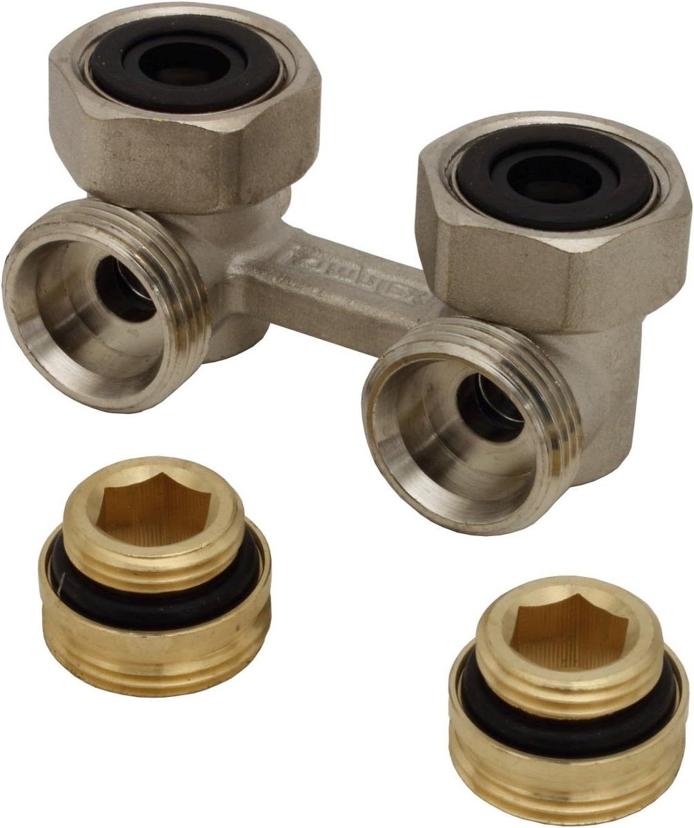 Dubbele Buis Kraanblok - Verwarming Aansluiting - Centrale Verwarming - Hoekvorm - 50 mm - Nikkel