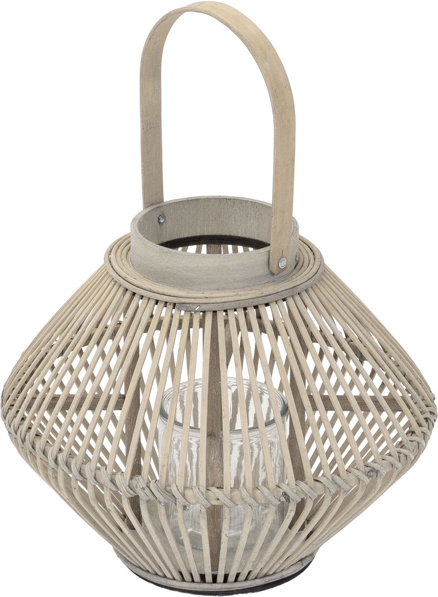 Bamboe lantaarn, windlicht H: 42 cm houtkleur, boho tuinlantaarn met handvat & glazen inzet, rieten kaarsenhouder